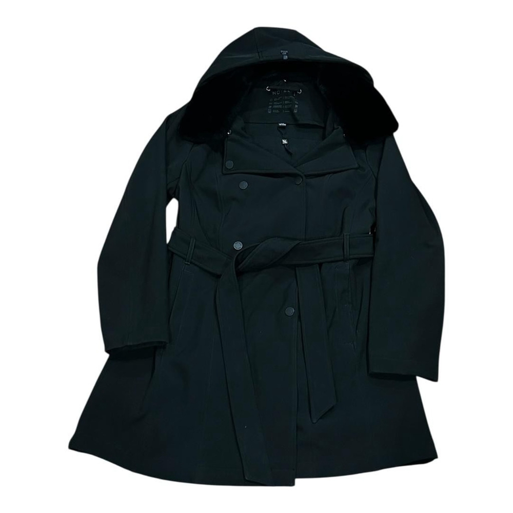 Novelti Coat Womens Large Black Belted Trench Faux Fur Hooded Softshell